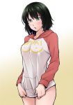  1girl black_hair breasts fubuki_(one-punch_man) green_eyes highres large_breasts ogry_ching one-punch_man open_mouth oppai_hoodie shirt_tug solo sweatdrop sweater 