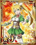  1girl blonde_hair breasts card_(medium) cleavage garters gloves green_eyes green_skirt hair_between_eyes hair_ornament high_ponytail holding holding_sword holding_weapon leafa leafa_(sao:im) long_hair looking_at_viewer medium_breasts number open_mouth pleated_skirt pointy_ears skirt solo star sword sword_art_online weapon white_gloves white_legwear wrist_cuffs 