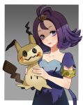  1girl :p acerola_(pokemon) antenna_hair armlet collarbone dress eyelashes gradient gradient_background hair_ornament hairclip head_tilt highres holding looking_at_viewer mimikyu_(pokemon) pokemon pokemon_(creature) pokemon_(game) pokemon_sm purple_dress purple_hair ram_(ramlabo) shadow short_hair short_sleeves smile stitches tongue tongue_out trial_captain upper_body violet_eyes 