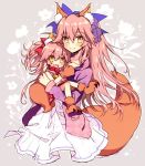  2girls alternate_costume animal_ears artist_request bad_id bad_twitter_id bell bell_collar blue_ribbon blush claws collar dress eyebrows eyebrows_visible_through_hair fang fate/extra fate/grand_order fate_(series) floral_background fox_ears fox_tail hair_ribbon holding long_hair looking_at_viewer multiple_girls open_mouth paws pink_hair red_ribbon ribbon smile tail tamamo_(fate)_(all) tamamo_cat_(fate) tamamo_no_mae_(fate) yellow_eyes younger 