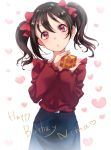  1girl black_hair bow box chiigo cowboy_shot earrings gift gift_box hair_bow head_tilt heart highres holding holding_gift jewelry looking_at_viewer love_live! love_live!_school_idol_project necklace pearl_earrings red_eyes simple_background skirt solo sweater text twintails yazawa_nico 