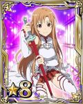  1girl asuna_(sao) brown_eyes brown_hair card_(medium) detached_sleeves holding holding_sword holding_weapon kneeling long_hair looking_at_viewer number pleated_skirt red_skirt skirt smile solo star sword sword_art_online thigh-highs weapon white_legwear 