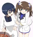  2girls animal_ears arm_grab black_hair blue_eyes blush brave_witches brown_eyes brown_hair cooking food georgette_lemare hair_ribbon kappougi ladle long_hair military military_uniform multiple_girls nanashino open_mouth pot ribbon shimohara_sadako short_hair smile tail twintails uniform world_witches_series 