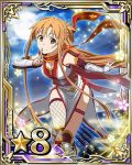  1girl asuna_(sao) breasts brown_eyes brown_hair card_(medium) china_dress chinese_clothes cleavage detached_sleeves dress finger_to_mouth fishnet_legwear fishnets index_finger_raised long_hair looking_at_viewer medium_breasts ninja number scarf smile solo star sword_art_online thigh-highs 