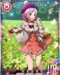  1girl bracelet card_(medium) collarbone dress food fruit hair_ornament hairclip hat jewelry lisbeth_(sao-alo) looking_at_viewer necklace open_mouth outdoors pink_eyes pink_hair pointy_ears red_hat short_hair solo star sword_art_online 