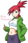  1girl blue_eyes breasts choker cowboy_shot crop_top ear_piercing earrings foster&#039;s_home_for_imaginary_friends frances_foster goriate groin hand_in_pocket high_ponytail hood hoodie jewelry medium_breasts midriff navel piercing purple_skirt redhead skirt solo thumbs_up 