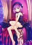 1girl bare_shoulders barefoot fate/grand_order fate_(series) flat_chest hat helena_blavatsky_(fate/grand_order) highres looking_at_viewer purple_hair sato-pon short_hair smile solo strapless throne violet_eyes 