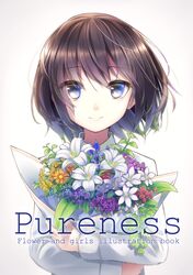  1girl bangs blue_eyes blue_flower bob_cut bouquet brown_hair collared_shirt cover cover_page daisy doujin_cover dress_shirt eyebrows_visible_through_hair floating_hair flower front_cover grey_background hair_between_eyes highres lily_(flower) long_sleeves looking_at_viewer makadamixa object_hug original purple_flower red_flower shirt short_hair simple_background smile solo upper_body white_flower white_shirt yellow_flower 