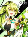  1girl :d bare_shoulders black_ribbon breasts character_name cleavage collarbone corset detached_sleeves dress elbow_gloves elf elsword flower gauntlets gloves green_eyes green_gloves green_hair green_skirt hair_between_eyes hair_flower hair_ornament hair_ribbon hand_up highres hwansang large_breasts long_hair open_mouth pointy_ears ponytail rena_(elsword) ribbon skirt smile solo wind_sneaker_(elsword) yellow_eyes 