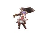  1girl apron axe boots double_bun elmelaura glasses granblue_fantasy minaba_hideo official_art open_mouth pink_eyes pointy_ears purple_hair solo transparent_background weapon 