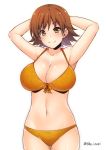  &gt;:) 1girl abe_inori armpits arms_behind_head arms_up bangs bare_arms bare_shoulders bikini blush breasts brown_eyes brown_hair cleavage closed_mouth collarbone cowboy_shot ear_piercing flipped_hair honda_mio idolmaster idolmaster_cinderella_girls large_breasts looking_at_viewer navel orange_bikini piercing smile solo stomach swimsuit twitter_username 