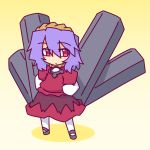  1girl chibi commentary_request hand_on_hip kakinoki_mikan_(kari) onbashira purple_hair red_eyes red_shirt red_skirt shirt short_over_long_sleeves skirt skirt_set touhou white_legwear yasaka_kanako 