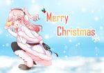  1girl aki_sakura alternate_hairstyle blush breasts capelet earmuffs fur_trim large_breasts long_hair looking_at_viewer merry_christmas nitroplus one_eye_closed open_mouth pink_hair red_eyes smile snow solo squatting star super_sonico thigh-highs twintails winter_clothes 