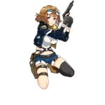  1girl asymmetrical_legwear aviator_sunglasses belt black_bra black_gloves blouse bra breasts brown_hair covered_navel eyebrows eyebrows_visible_through_hair full_body girls_frontline glasses glasses_on_head gloves grey_hair grizzly_mkv_(girls_frontline) gun holding holding_gun holding_weapon holster jacket kneeling large_breasts looking_at_viewer multicolored_hair navel nose official_art parted_lips personification short_hair shorts solo strap sunglasses thigh-highs thigh_holster transparent_background trigger_discipline unbuttoned unbuttoned_shirt underwear violet_eyes weapon white_blouse zipper 