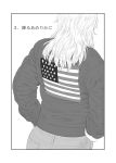  1girl american_flag comic from_behind greyscale itou_korosuke jacket kantai_collection monochrome simple_background solo translated wavy_hair 