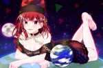  1girl bare_legs bare_shoulders barefoot breasts collarbone colored_eyelashes earth earth_(ornament) error hecatia_lapislazuli highres miniskirt moon_(ornament) multicolored_skirt nmbit off_shoulder polos_crown red_eyes redhead skirt small_breasts smile solo space the_pose touhou 