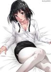  1girl :o bed_sheet black_hair black_skirt blush breasts brown_eyes buttons cleavage collarbone collared_shirt fingernails haguro_(kantai_collection) hair_ornament hair_ribbon hairclip head_tilt jpeg_artifacts kantai_collection knee_up long_sleeves looking_at_viewer lying medium_breasts on_back open_mouth pantyhose pencil_skirt red_ribbon ribbon sakiyamama shirt short_hair skirt solo twitter_username white_legwear wing_collar 