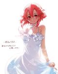  1girl artist_name bare_arms bare_shoulders breasts bunbun choker cleavage closed_mouth cowboy_shot dress frilled_dress frills hair_between_eyes hair_ribbon izetta red_eyes redhead ribbon ribbon_choker see-through see-through_silhouette shuumatsu_no_izetta simple_background sleeveless sleeveless_dress small_breasts smile solo translation_request white_background white_dress white_ribbon wrist_cuffs yellow_ribbon 