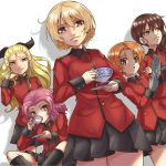  5girls :o assam blue_eyes brown_eyes brown_hair cup darjeeling doumoto drinking girls_und_panzer gloves hand_in_hair highres long_hair looking_at_viewer messy_hair multiple_girls orange_hair orange_pekoe pink_hair putting_on_gloves rosehip rukuriri saucer short_hair smile teacup uniform white_background 