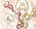  3girls bishoujo_senshi_sailor_moon blonde_hair chibi_usa double_bun dress facial_mark family forehead_mark hana_(asml30) long_hair looking_at_viewer mother_and_daughter multiple_girls pink_hair princess_serenity queen_serenity silver_hair small_lady_serenity tsukino_usagi very_long_hair white_dress 