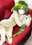  1girl ahoge aran_sweater bangs blue_bow blue_eyes bow braid couch dress eyebrows_visible_through_hair green_hair kantai_collection long_hair lying miss_cloud mole mole_under_mouth on_couch on_side red_bow single_braid sleeves_past_wrists solo sweater sweater_dress turtleneck very_long_hair yuna_(yukiyuna) yuugumo_(kantai_collection) 