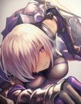  1girl all_fours arm_support armor armored_boots ass beige_background black_boots blurry blush boots breast_press breasts clenched_teeth depth_of_field dripping dutch_angle eyebrows_visible_through_hair fate/grand_order fate_(series) gauntlets gloves hair_over_one_eye heavy_breathing highres leotard looking_at_viewer medium_breasts mephist-pheles one_eye_covered outstretched_arm purple_gloves shadow shielder_(fate/grand_order) short_hair silver_hair solo sweat sword teeth thigh-highs thigh_boots violet_eyes weapon white_hair 