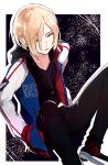  1boy blonde_hair green_eyes hands_in_pockets highres hood hoodie jacket male_focus parted_lips sitting sofy solo track_jacket yuri!!!_on_ice yuri_plisetsky 