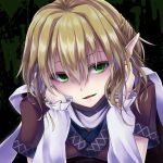  1girl arm_warmers blonde_hair blush chin_rest din_(flypaper) empty_eyes green_eyes looking_at_viewer mizuhashi_parsee pointy_ears scarf short_hair smile smirk solo touhou 