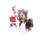  1girl apron axe boots double_bun elmelaura flower food fruit glasses granblue_fantasy harbin minaba_hideo official_art open_mouth pink_eyes pointy_ears purple_hair transparent_background weapon 
