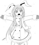  1girl :d animal_ears blush coat fur_trim greyscale happy incoming_hug long_hair looking_at_viewer mittens monochrome open_mouth outstretched_arms rabbit_ears reisen_udongein_inaba scarf signature simple_background smile snow solo taurine_8000mg touhou twitter_username very_long_hair white_background 