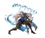  1boy altair_(granblue_fantasy) armor armored_boots blue_hair book boots feathered_wings glasses gloves granblue_fantasy long_hair male_focus minaba_hideo orange_eyes solo wings 
