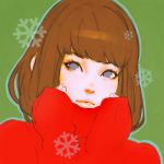  1girl blue_eyes brown_hair closed_mouth green_background ilya_kuvshinov lips long_sleeves looking_at_viewer no_pupils red_sweater short_hair simple_background sleeves_past_wrists snowflakes solo sweater turtleneck turtleneck_sweater upper_body 