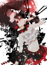  1girl absurdres black_hair book eiku floating_hair hatsune_miku headphones highres long_hair midriff nisoku_hokou_(vocaloid) pale_skin project_diva_(series) red_eyes solo thigh-highs vocaloid 