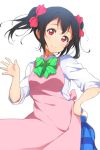  1girl apron bangs black_hair bow bowtie collared_shirt green_bow green_bowtie hair_bow hand_on_hip icehotmilktea looking_at_viewer love_live! love_live!_school_idol_project red_bow red_eyes school_uniform shirt simple_background sleeves_pushed_up smile solo twintails white_background white_shirt yazawa_nico 