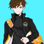  1girl alternate_eye_color bag bangs bitto34 black_shirt blue_background brown_hair closed_mouth duffel_bag ear_piercing emblem high_collar jacket logo open_clothes open_jacket overwatch piercing shirt short_hair shoulder_bag simple_background smile solo spiky_hair tracer_(overwatch) upper_body yellow_eyes 
