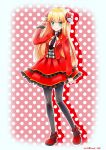  1girl absurdres black_legwear blonde_hair blue_eyes dress frills hair_ornament highres long_hair looking_at_viewer pantyhose poke_ball_hair_ornament poke_ball_theme pokemon pokemon_(game) pokemon_co-master red_dress red_shoes sharon_(pokemon) shoes smile solo toppema_mapetto 
