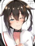  1girl ;d ahoge artist_name blue_eyes blush braid choker close-up collarbone eyebrows_visible_through_hair face gloves hair_between_eyes hair_flaps hair_ornament hairpin half-closed_eye hand_on_another&#039;s_face head_tilt isshiki_(ffmania7) kantai_collection long_sleeves looking_at_viewer one_eye_closed open_mouth out_of_frame parted_lips petting pov shigure_(kantai_collection) single_braid sketch smile solo_focus teeth twitter_username upper_body white_gloves 