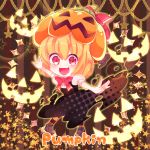  1girl :d absurdres black_dress blonde_hair bow chibi dress english fang full_body halloween highres jack-o&#039;-lantern loafers looking_at_viewer open_mouth orange_legwear outstretched_arms puffy_short_sleeves puffy_sleeves pumpkin_hat red_bow red_eyes rumia shirt shoes short_hair short_sleeves smile solo spread_arms star starry_background striped striped_background striped_legwear touhou white_shirt yata 