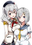  2girls beret blue_eyes breasts epaulettes eyes_visible_through_hair frilled_sleeves frills gloves hair_ornament hair_over_one_eye hairclip hamakaze_(kantai_collection) hand_on_another&#039;s_shoulder hat kantai_collection kashima_(kantai_collection) large_breasts long_hair military military_uniform multiple_girls school_uniform serafuku short_hair silver_hair simple_background smile tsurime uniform wavy_hair white_background white_gloves yuuki_hb 