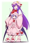  2girls blue_hair bow breath commentary_request crescent eichi_yuu full_body hat hat_ribbon height_difference long_hair long_sleeves mob_cap multiple_girls open_mouth patchouli_knowledge purple_hair red_bow red_eyes red_ribbon remilia_scarlet ribbon sleeves_past_wrists standing touhou violet_eyes 