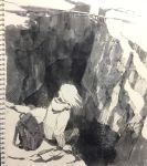  1girl absurdres backpack bag bridge canyon cliff dutch_angle from_behind greyscale highres hood hoodie long_hair millipen_(medium) monochrome nib_pen_(medium) notebook original photo river scenery sitting sketch solo tokunaga_akimasa traditional_media water wind 