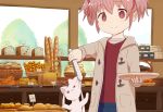  1girl :3 alien bakery bread casual_clothes coat food hair_ribbon inside kaname_madoka kyubey looking_at_viewer mahou_shoujo_madoka_magica pink_eyes pink_hair red_eyes ribbon samidare shop smile solo tongs twintails winter_clothes 