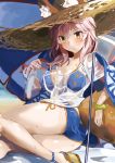  1girl animal_ears bikini blue_bikini blush breasts cleavage fate/grand_order fate_(series) fox_ears fox_tail hat highres large_breasts long_hair looking_at_viewer nail_polish pink_hair red_nails see-through solo swimsuit tail tamamo_(fate)_(all) tamamo_no_mae_(swimsuit_lancer)_(fate) torimahera wet wet_clothes yellow_eyes 