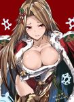  1girl breasts brown_hair cape catalina_(granblue_fantasy) christmas cleavage fur_trim granblue_fantasy hair_ornament large_breasts leotard long_hair nabeshima_tetsuhiro red_eyes santa_costume 