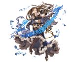  1girl bow_(instrument) brown_eyes brown_hair feathers granblue_fantasy hairband high_heels instrument long_hair minaba_hideo musical_note navel novei_(granblue_fantasy) official_art open_mouth solo teeth transparent_background violin 