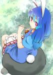  1girl animal_ears ass bloomers blue_dress blue_hair bunny_tail colored_eyelashes dress eating kaisenpurin long_hair low-tied_long_hair low_twintails pink_eyes puffy_short_sleeves puffy_sleeves rabbit_ears seiran_(touhou) short_dress short_sleeves sitting tail touhou twintails underwear 