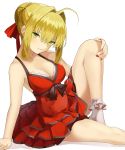  1girl ahoge arm_support bare_legs blonde_hair bobby_socks breasts cleavage closed_mouth collarbone dress eredhen fate_(series) green_eyes grey_legwear hair_bun hair_ribbon hand_on_own_knee highres knee_up layered_dress looking_at_viewer medium_breasts nail_polish red_dress red_nails red_ribbon ribbon saber_extra seductive_smile short_hair sitting sleeveless sleeveless_dress smile socks solo tsurime 