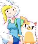  1girl adventure_time animal_ears backpack bag blonde_hair blush_stickers breasts cake_(adventure_time) cat fake_animal_ears fionna goriate hat medium_breasts rabbit_ears short_shorts shorts smile thigh-highs 