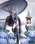  1boy bangs blush braid flower fog grey_sky holding holding_umbrella hydrangea japanese_clothes kimono leaf long_hair looking_at_viewer looking_to_the_side male_focus original outdoors outstretched_hand rain silver_hair single_braid smile solo srb7606 standing umbrella violet_eyes wavy_hair wide_sleeves 