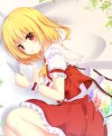  1girl :o absurdres ascot bed_sheet bent_knees blonde_hair blush crystal demon_wings eyebrows_visible_through_hair flandre_scarlet frilled_skirt frilled_sleeves frills from_above highres kaji_(galaxygandamu) looking_at_viewer lying on_side parted_lips puffy_short_sleeves puffy_sleeves red_eyes red_skirt red_vest shirt short_sleeves skirt solo sparkle tareme touhou vest white_shirt wings wrist_cuffs yellow_ascot 